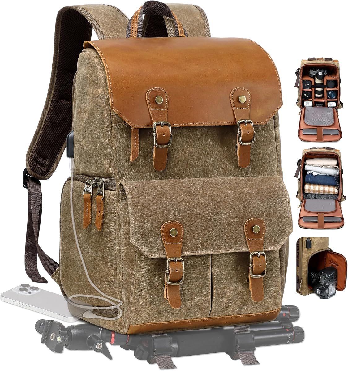 Khaki Camera Backpack - Waxed Memory Canvas Camera Bag, Multi DSLR SLR Large Camera Backpacks for Photographers with 16” Laptop & Lens Compartment and Tripod Holder & Weather Resistant