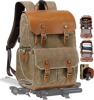 Padwa Lifestyle Khaki Camera Backpack - Waxed Memory Canvas Camera Bag, Multi DSLR SLR Large Camera Backpacks for Photographers with 16” Laptop & Lens Compartment and Tripod Holder & Weather Resistant