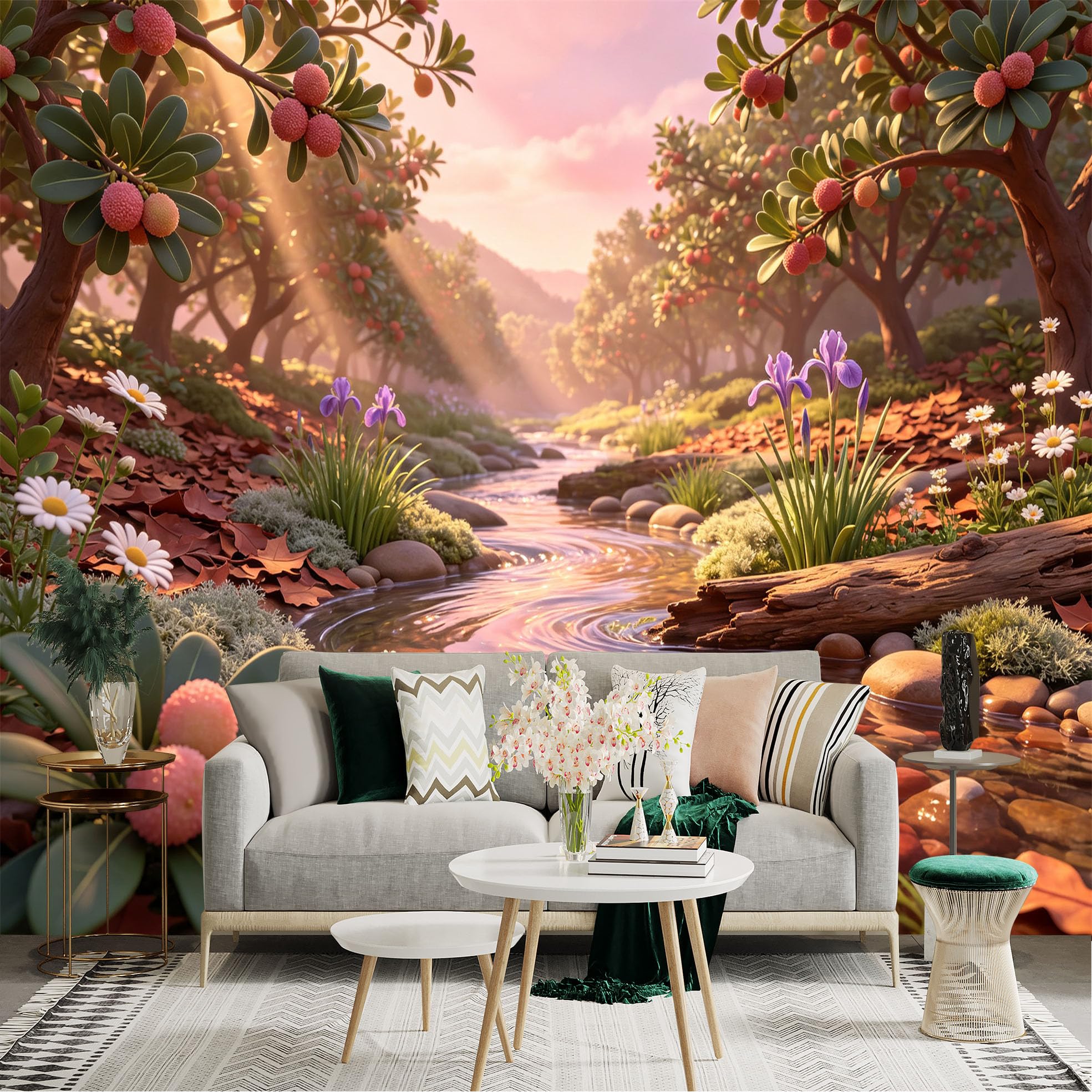 Lnzczhyre Bh260719045 Custom Size Wall Sticker Mural， Sunset Orchard With Creek， Blooming Flowers， Lush Fruit Trees， Peaceful Nature Scene， For Wall Decoration， Peelandstick Wall Decals.