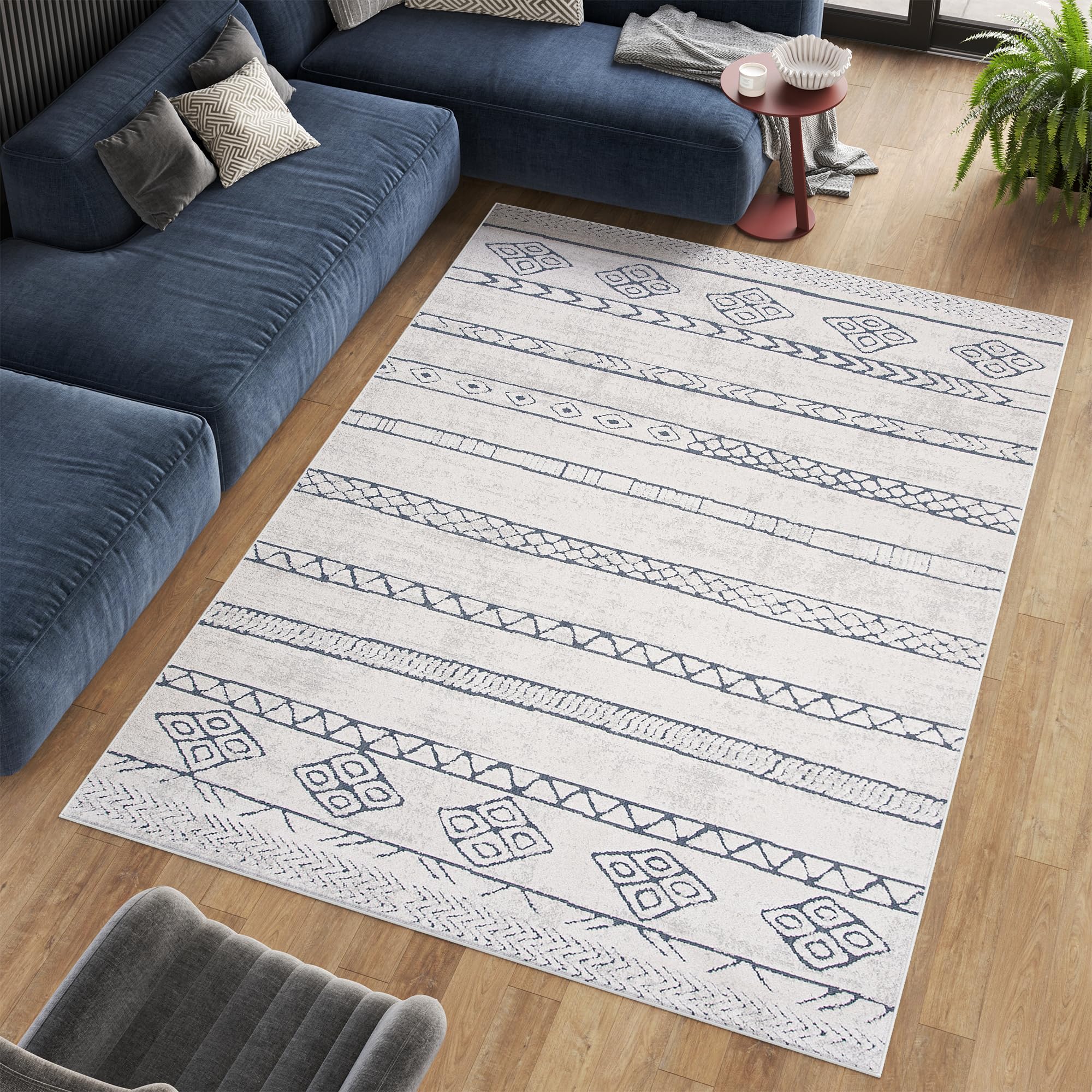 Tapiso Lotus dywan z krótkim włosiem, kremowy, niebieski, kość słoniowa, nowoczesny, etniczny, vintage, do salonu, sypialni, w optyce 3D, Ökotex 140 x 200 cm
