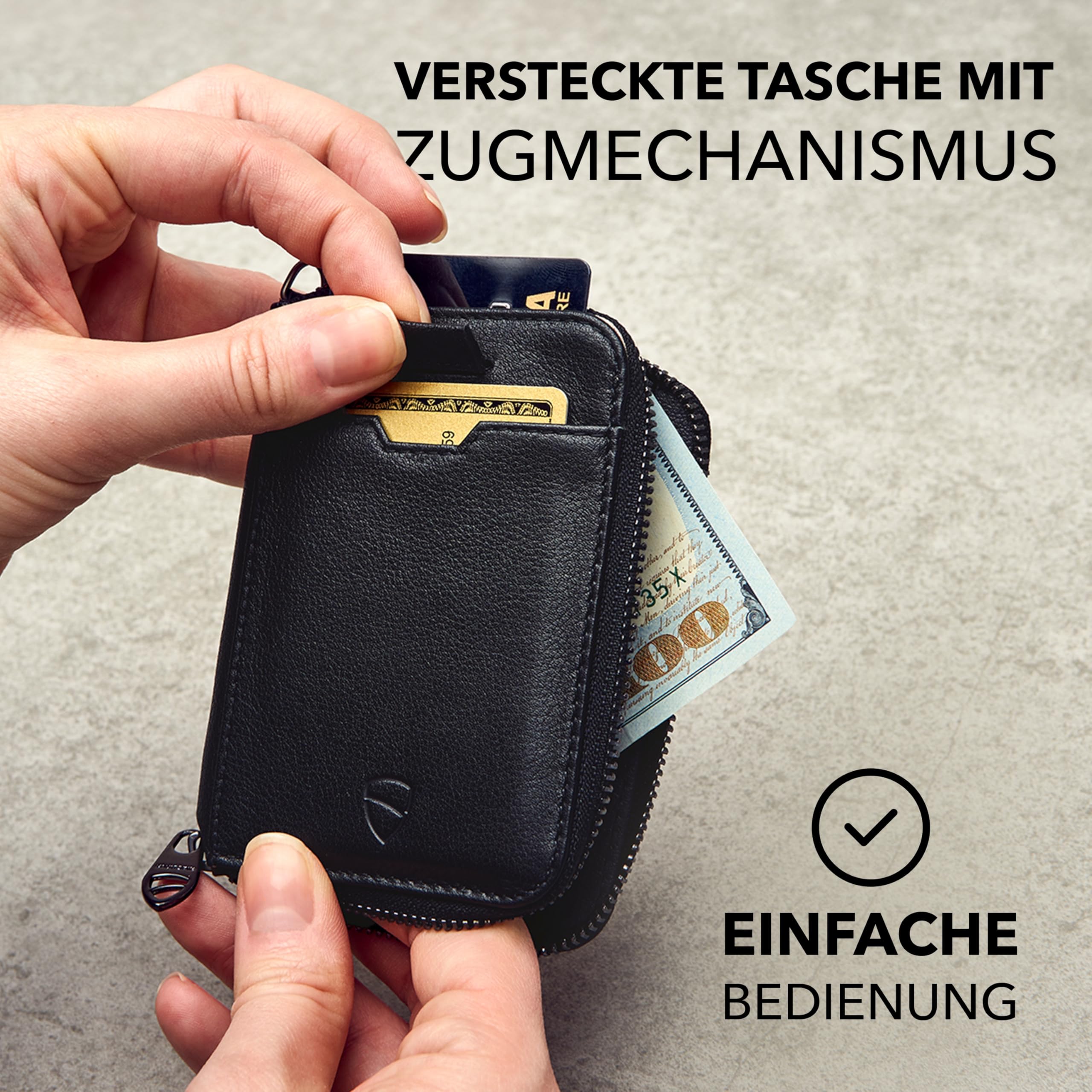 Vaultskin Notting Hill Leder Geldbörse mit Reißverschluss, RFID (Schwarz) | Kleines Portemonnaie für Damen, Herren, Portmonee klein, Münzfach, Schlüssel D-Ring, Mini Geldbeutel, 10 Karten, Geschenkbox