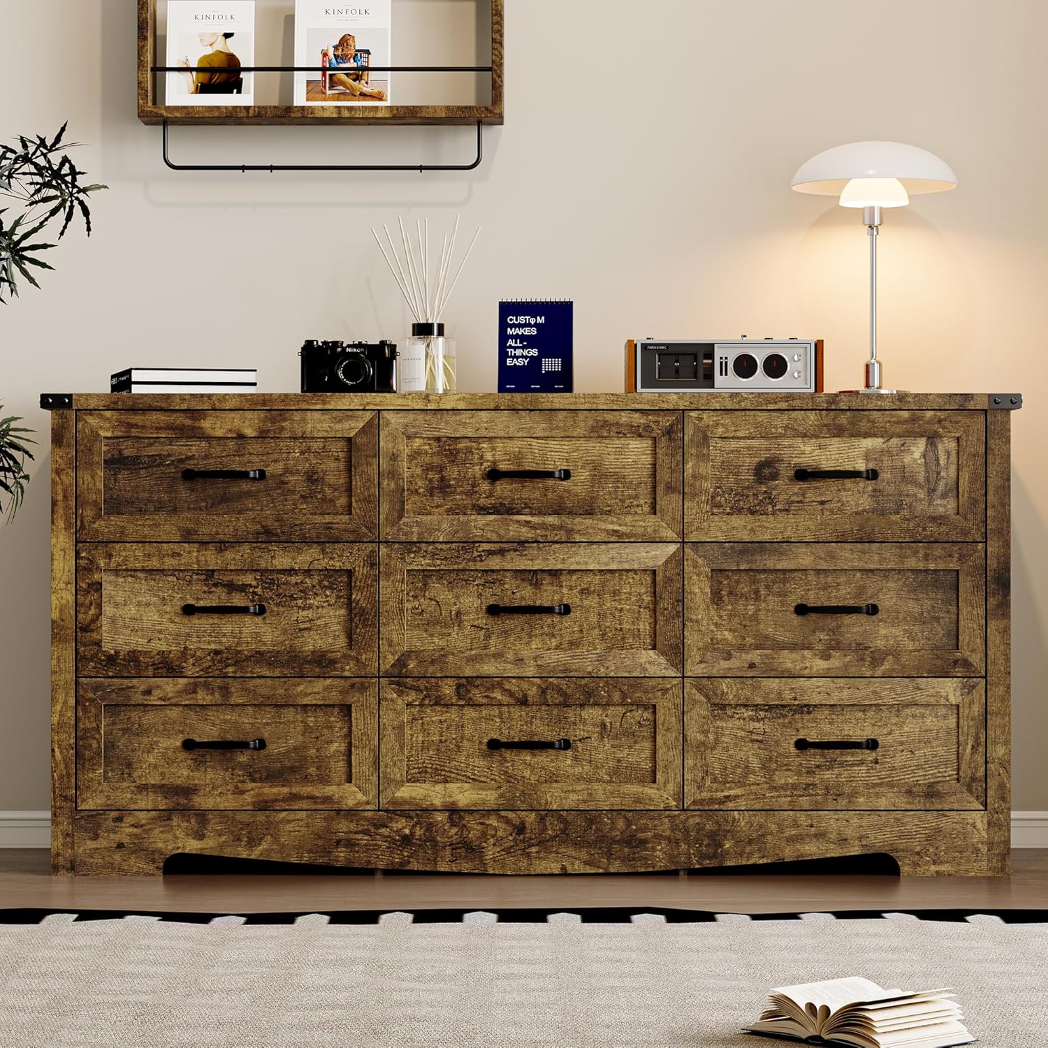 BORNOON 9-Drawer Dresser for Bedroom, Modern Wooden Chest of Drawers with Metal Handles, Anti-Tipping Design, Sturdy and Stable Storage Organizer for Living Room, Entryway, Home Office