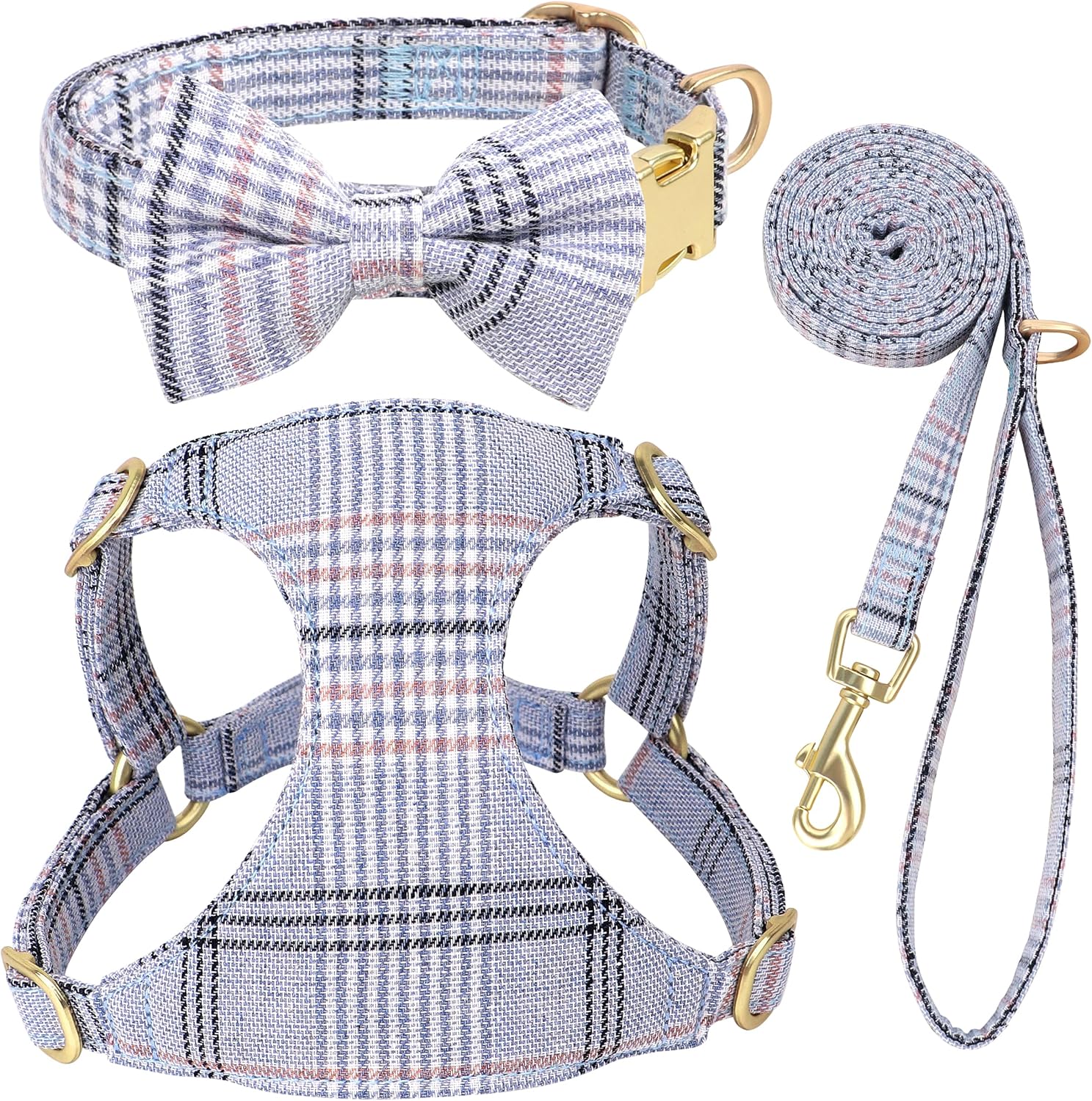 Beirui Cute Extra Small Dog Harness Collar and Leash Set with Bowtie, Soft Adjustable Plaid Puppy Harness for Small Sized Dogs Cats Walks Parties and Photoshoots(Blue,XXS:Chest 12-14″)