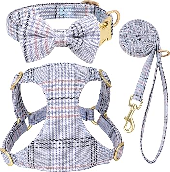 Beirui Cute Small Dog Harness and Leash Set Bowtie, Blue,XS,Chest 13-28" | For Small Dogs Puppy,Bichon Frise,Mini Poodle,Maltese,Adjustable Step-in Design, Plaid Pattern, For Walks Parties Photoshoots