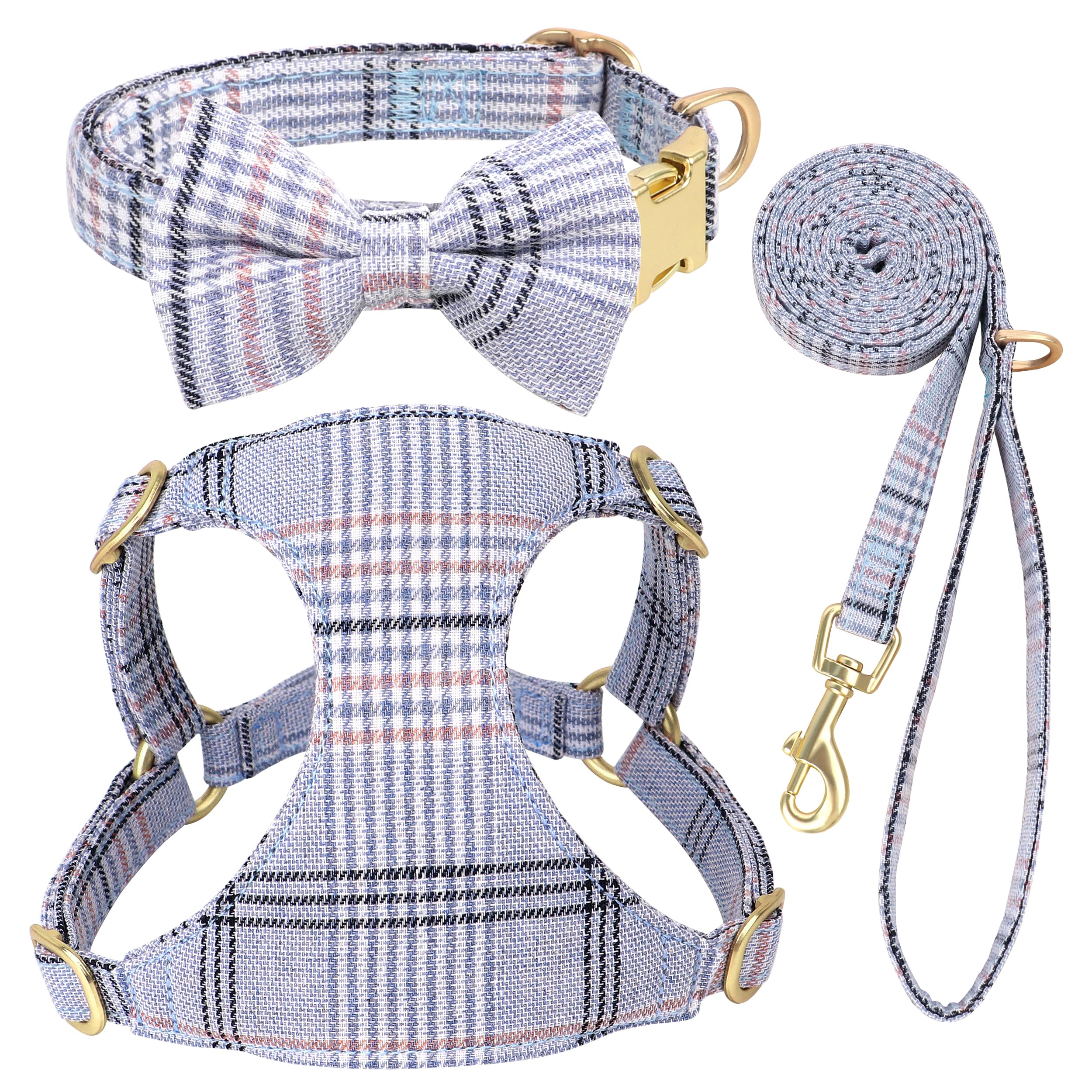 Beirui Cute Extra Small Dog Harness Collar and Leash Set with Bowtie, Soft Adjustable Plaid Puppy Harness for Small Sized Dogs Cats Walks Parties and
