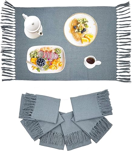Juego de 6 manteles individuales de algodón con borlas bohemias, para cocina, estilo casa de campo, color gris