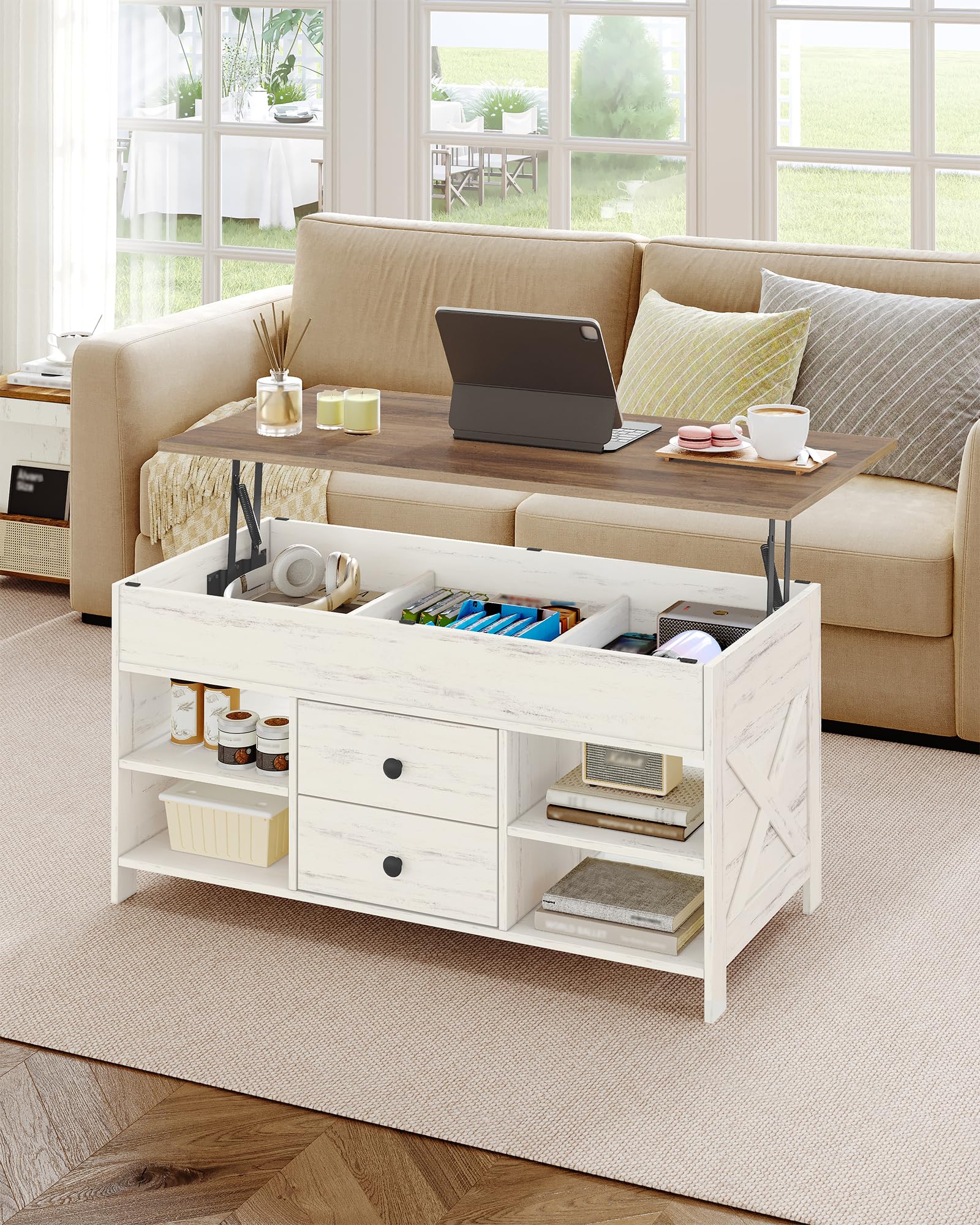 Hzuaneri Mesa de Centro Elevable, Mesa de Salón con 2 Cajones, 3 Compartimentos Ocultos, 4 Compartimentos Abierto, 50 x 100 x 45-61,3 cm, Blanco-Marrón CT22114B