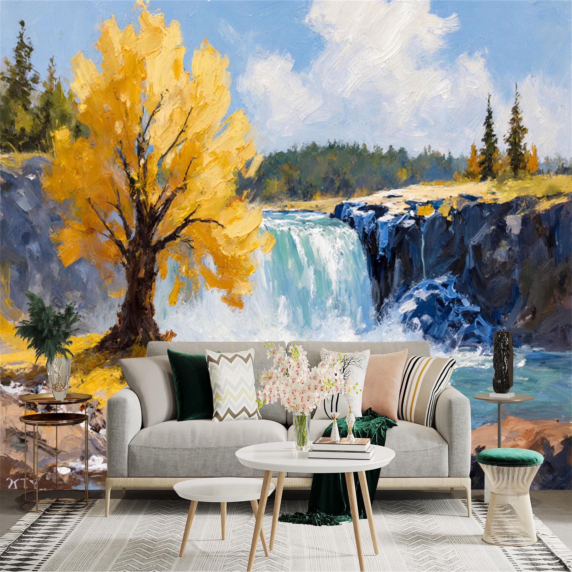 Lnzczhyre Xc260505721 Custom Size Wall Sticker Mural， Yellow Autumn Tree， Flowing Waterfall， Scenic River Landscape， Oil Painting Style， For Wall Decoration， Peelandstick Wall Decals.
