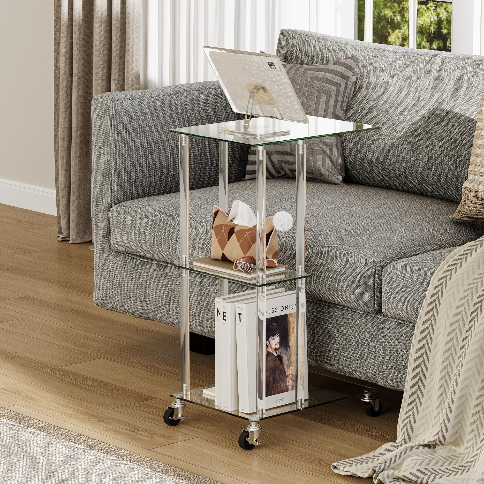 Tavolino da Letto in Vetro Trasparente con Ruote C Shape LET525TR | Tavolino da Letto|Vetro Trasparente|Con Ruote Mobili|C Shape|Per Soggiorno Camera