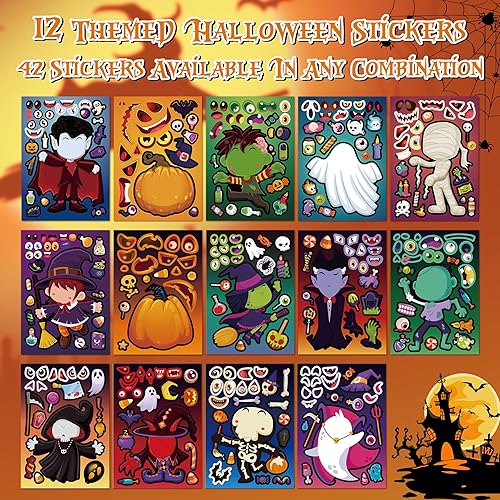 Miniatura 2 de 42 hojas de calcomanías de Halloween para diseño de cuerpo completo, haz tu propia calcomanía con calcomanías de calabaza vampiro y bruja zombi,