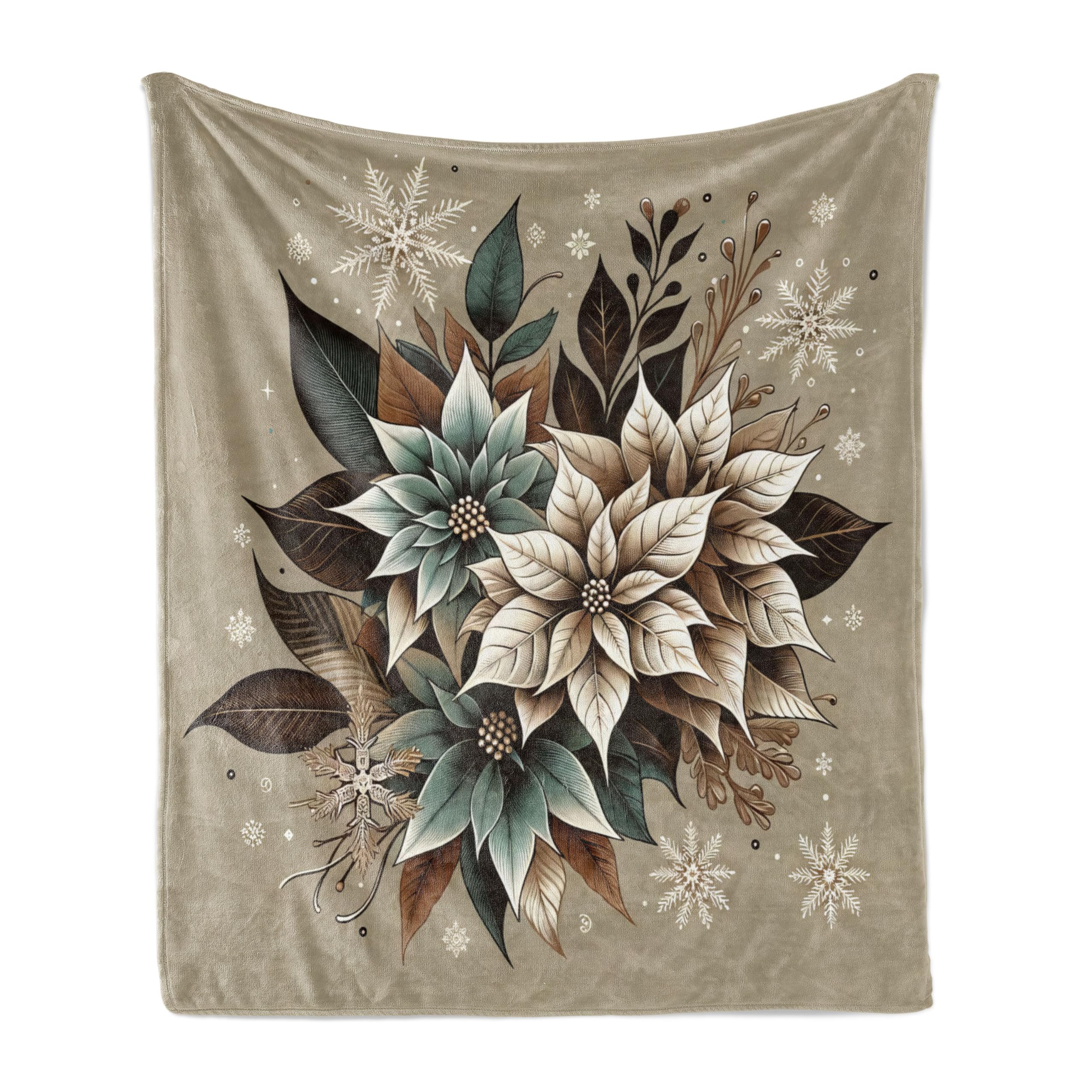 Lunarable Christmas Throw Blanket, Traditional Ornate Poinsettia Flowers and Snowflakes Xmas Vibe, Flannel Fleece Accent Piece Soft Couch Cover for