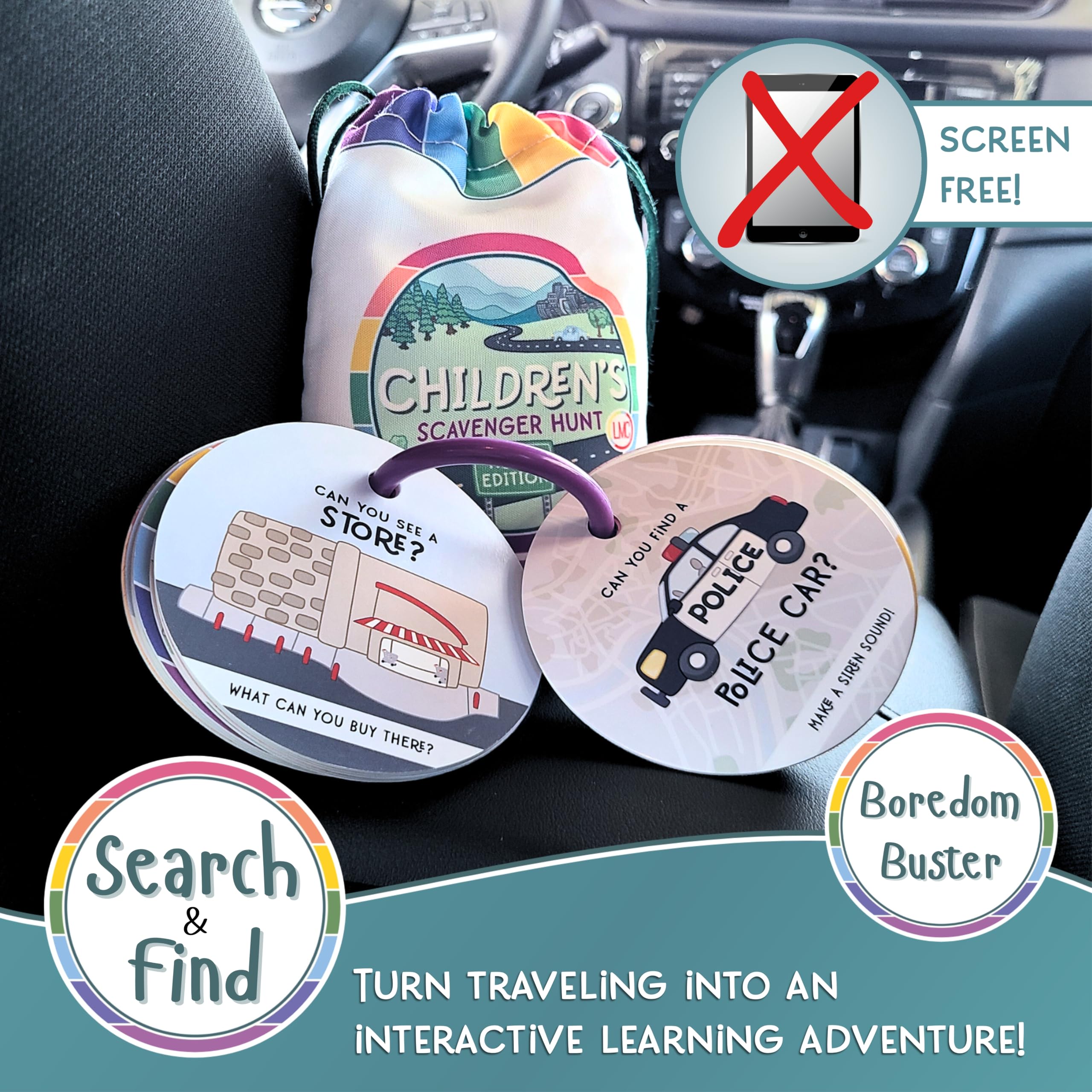LMC Products Children's Scavenger Hunt: Travel Edition | Toddler Car Activities | Road Trip Toys | Games for 2, 3 Year Old's & Up | Kids Educational Scavenger Hunt Cards