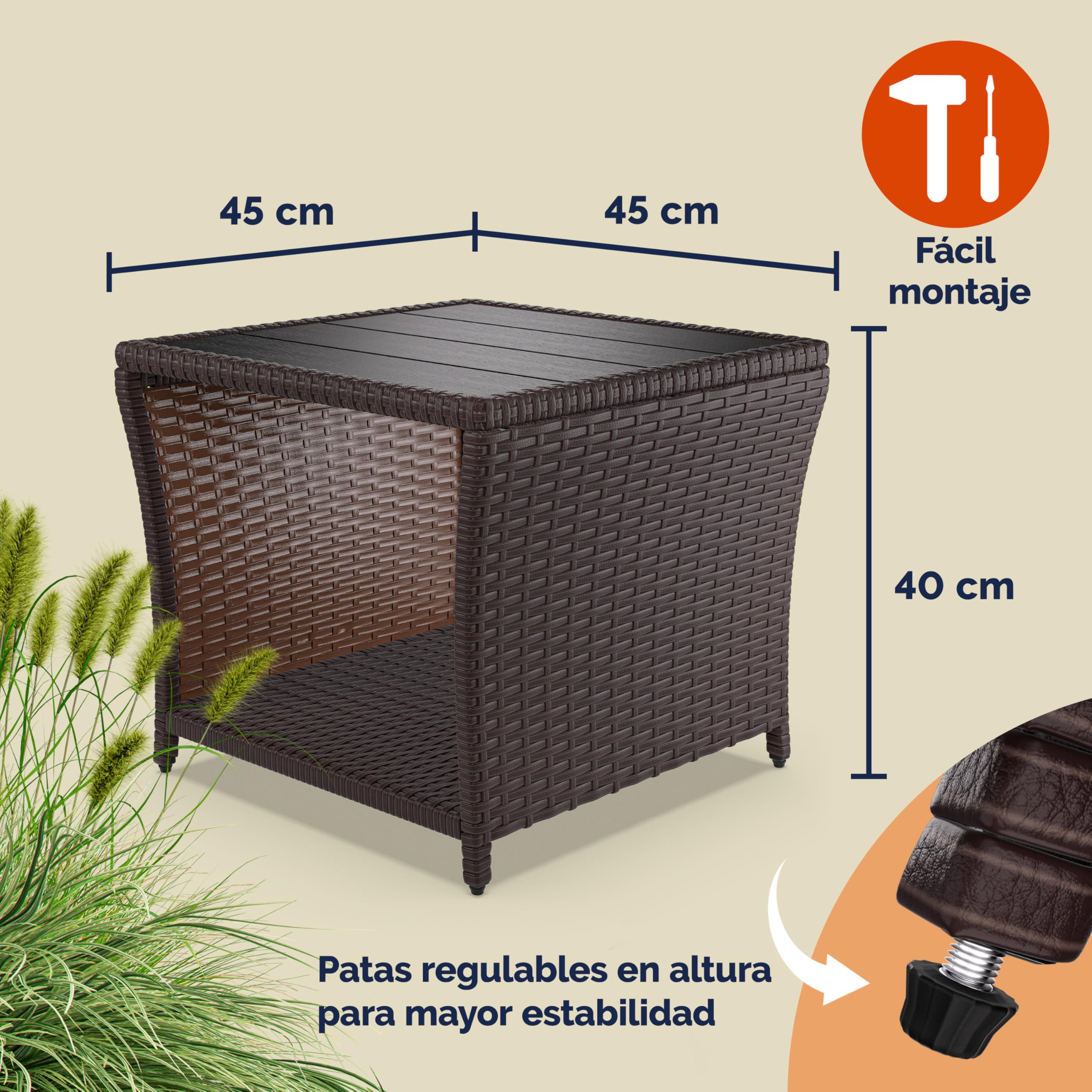 CASARIA Mesita Auxiliar de Poliratán Balcón Jardín 45x45x40cm Tablero WPC Mesa Altura Ajustable Marrón