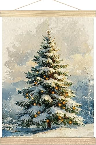 BCUANGD Arte de pared de Navidad  Decoración de pared para árbol de Navidad de vacaciones de invierno, colgador de póster con marcos de madera,