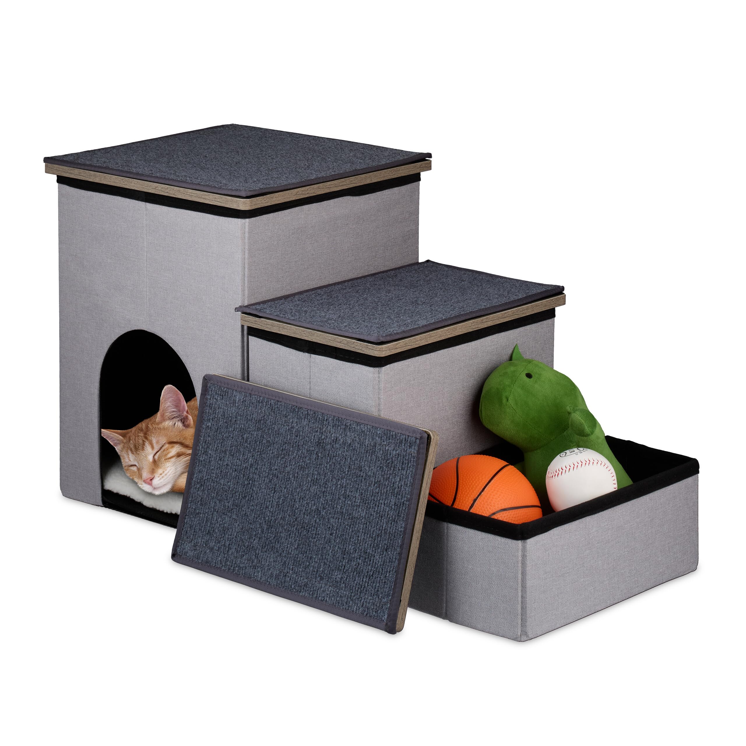 Relaxdays Scaletta a 3 Gradini con Cuccia per Cani e Gatti, Scala per Letto e Divano, con Box, HLP 41,5x72x33 cm, Grigio