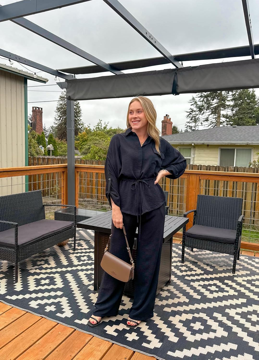 Ophestin 2 Piece Travel Outfits for Women Dressy Button Down Shirt Two Piece Wide Leg Pants Sets - Image 5