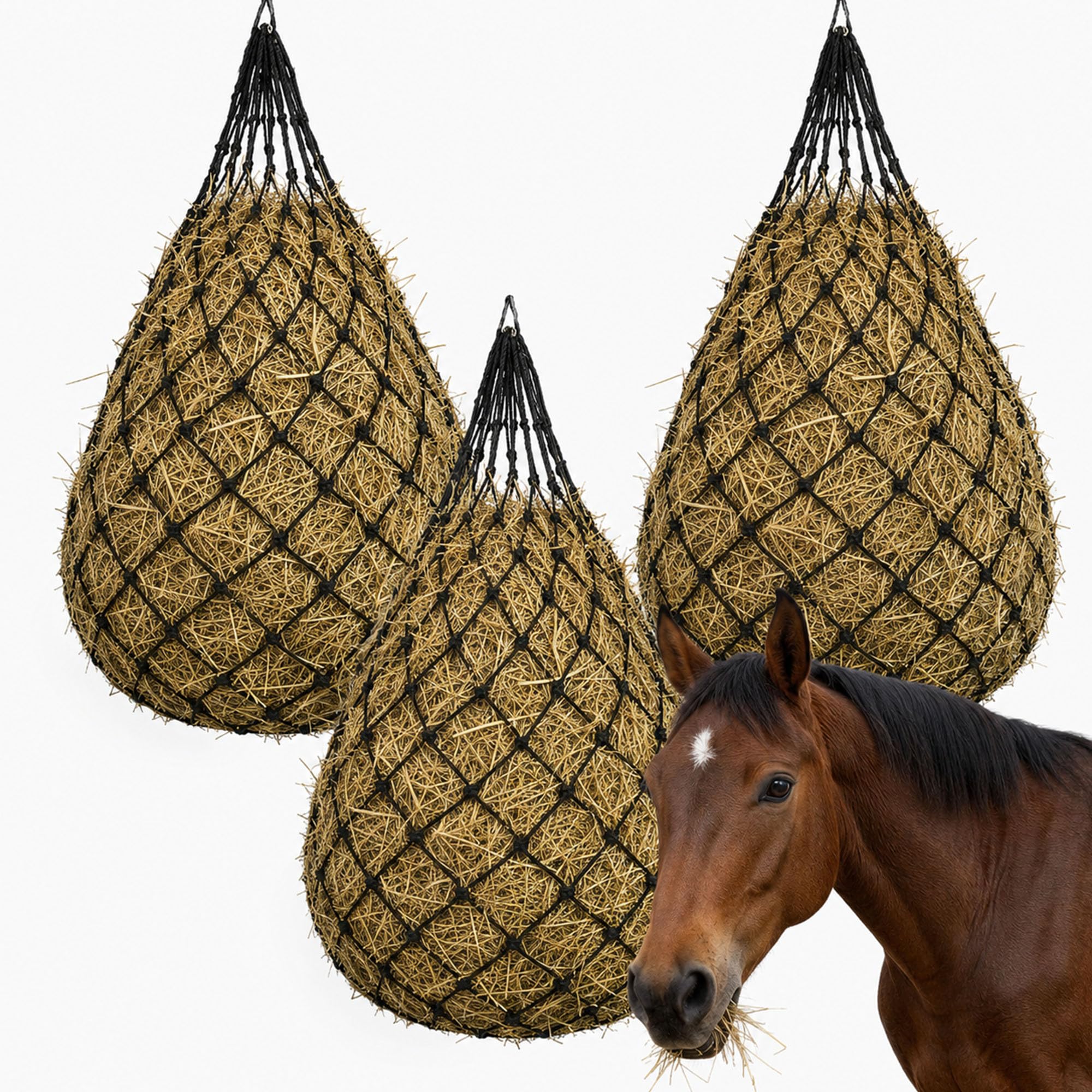 3 stück Heunetz für Pferde Engmaschig – 10kg Runder Heusack mit Tragetasche, Hängendes Heutasche als Futternetz fürs Pferd, für Stall/Weide/Pferdeanhänger, Rundballen & Heuballen, Langsames Füttern