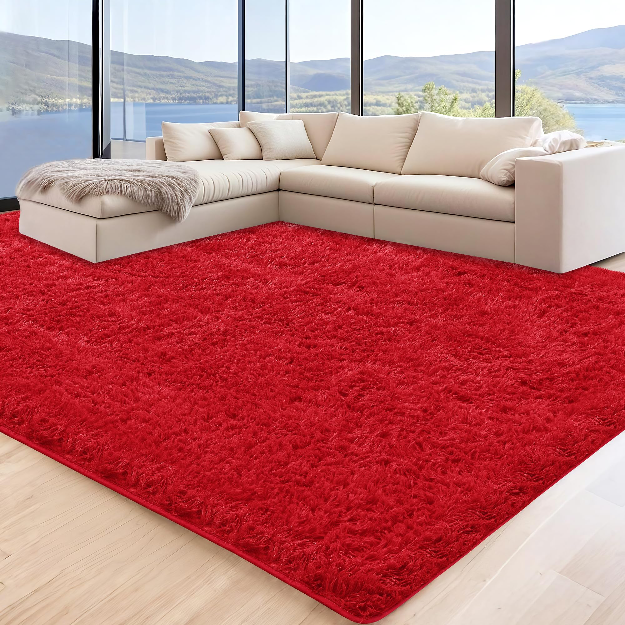 Photo 1 of ** dirt from transport **Cerulume 6x9 Red Area Rugs for Living Room, Large Fluffy Shag Rug for Bedroom Nursery, Ultra Soft Comfy, Big Fuzzy Shaggy Plush Carpet for Kids Boys Girls Teen Dorm Indoor Home Decor, Upgrade Non-Slip