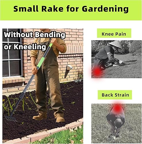 Miniatura 6 de Rastrillo de mano, mango ajustable para jardín, pequeño rastrillo de jardín, cultivador de mano resistente con agarre de espuma suave, mini