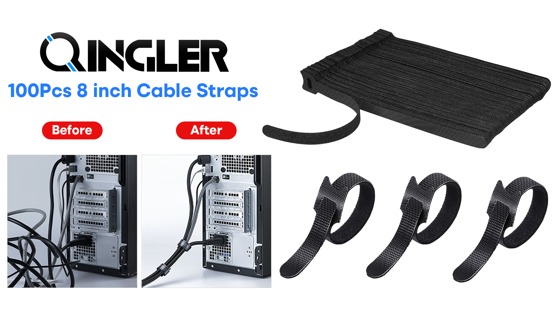 100 piezas de abrazaderas de cable reutilizables de 8 pulgadas, ajustables, con gancho y lazo, resistentes y fáciles de usar, multiuso para hogar, oficina y organizador de centros de datos miniatura 7