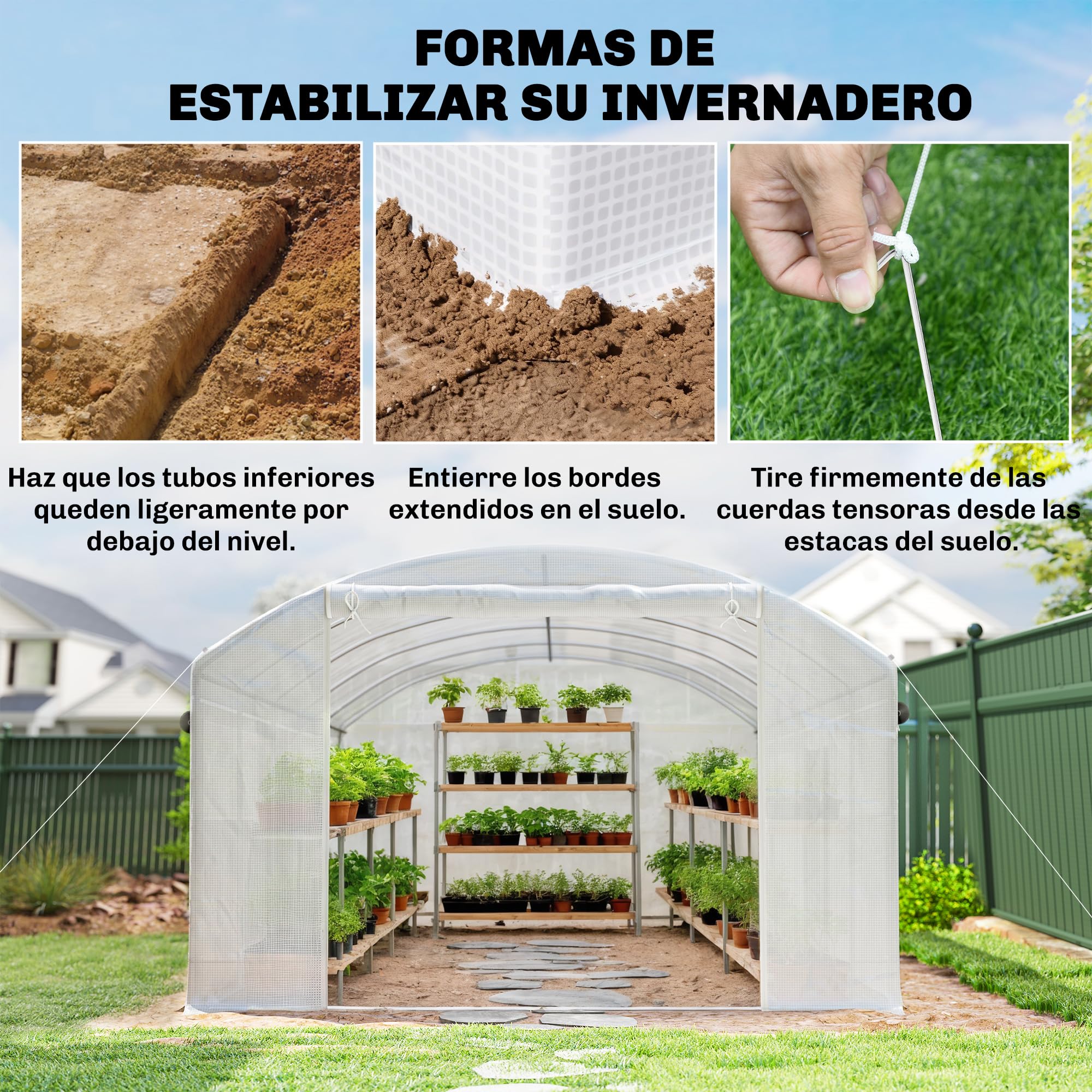 Outsunny Serre d'extérieur 6 x 3 x 2 m, Serre Tunnel avec 3 Portes enroulables, fenêtres en Filet, Couverture PE 140 g/m² Anti-UV et Cadre en Acier galvanisé, pour Cultures, Plantes, Blanc