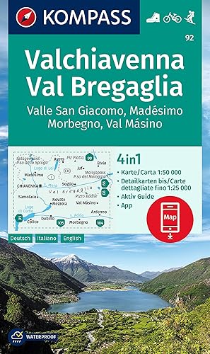 Carta escursionistica KOM 92. Valchiavenna, Val Bregaglia: 4in1 Wanderkarte mit Aktiv Guide und Detailkarten inklusive Karte zur offline Verwendung in der KOMPASS-App. Fahrradfahren. Skitouren.