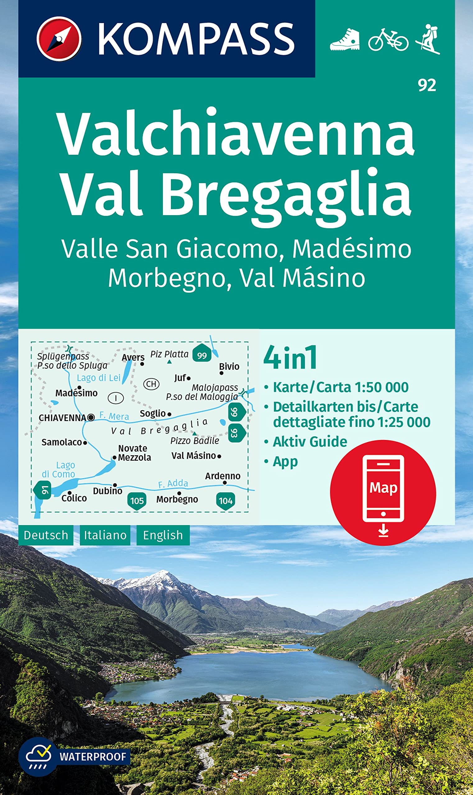 92 VALCHIAVENNA - VAL BREGAGLIA: 4in1 Wanderkarte mit Aktiv Guide und Detailkarten inklusive Karte zur offline Verwendung in der KOMPASS-App. Fahrradfahren. Skitouren.