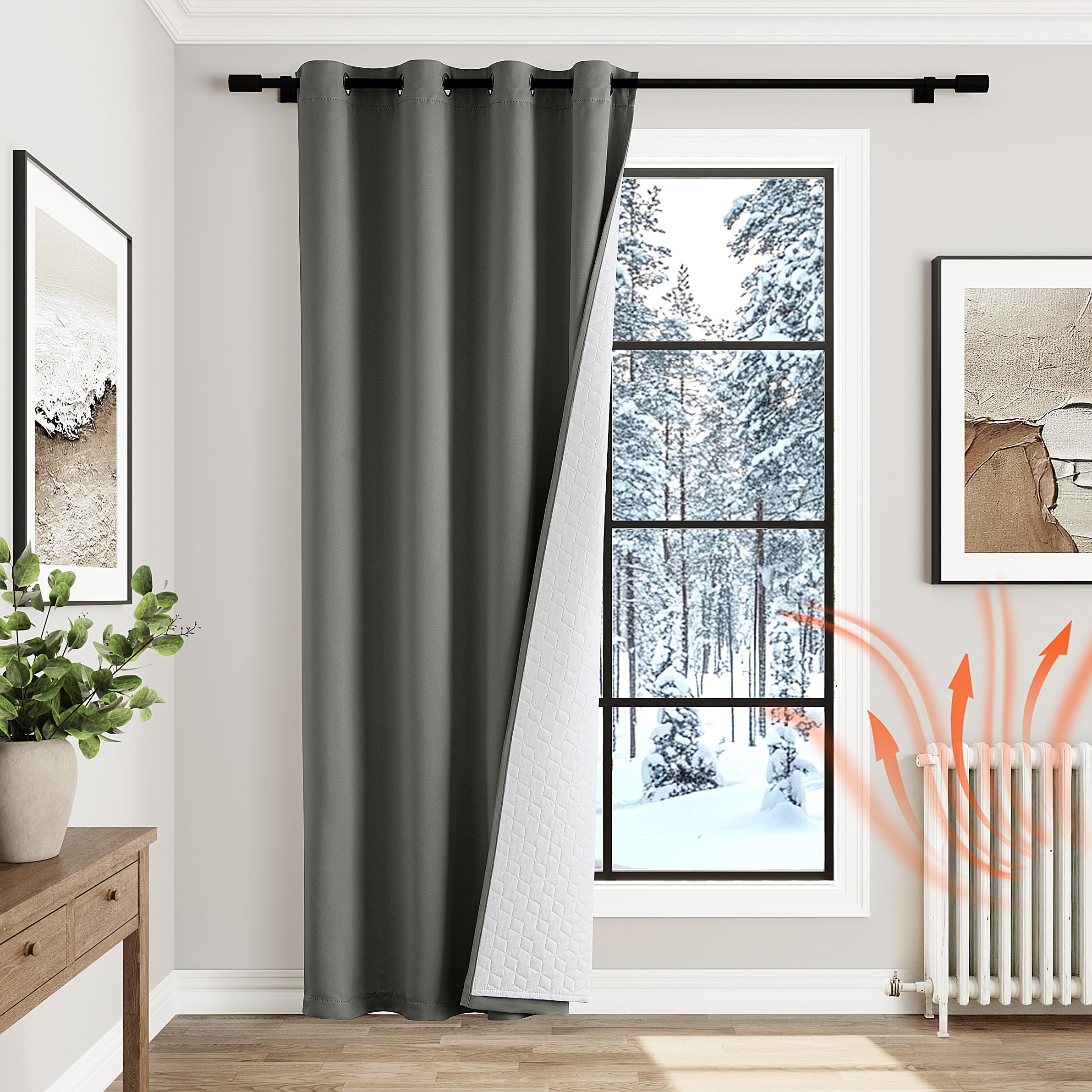 MIULEE Cortinas Termicas Aislantes Frio y Calor, 1 Piezas Cortinas Opacas Gris con Ojales, Cortinas de Doble Capa Dormitorio Cortinas Anti Luz, Cortinas con Forro Termico Cortina Invierno