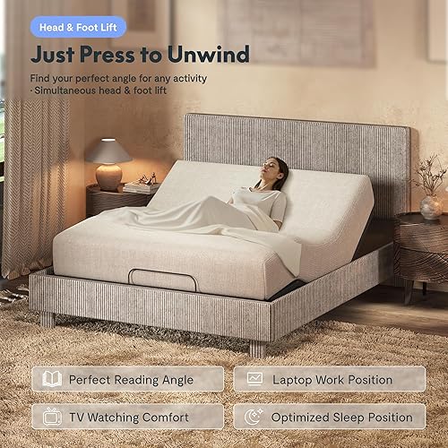 Miniatura 5 de FLEXISPOT Cama ajustable todo en uno Queen con base de cama tapizada de terciopelo, cabecera acanalada de canal vertical, elevación de cabeza y