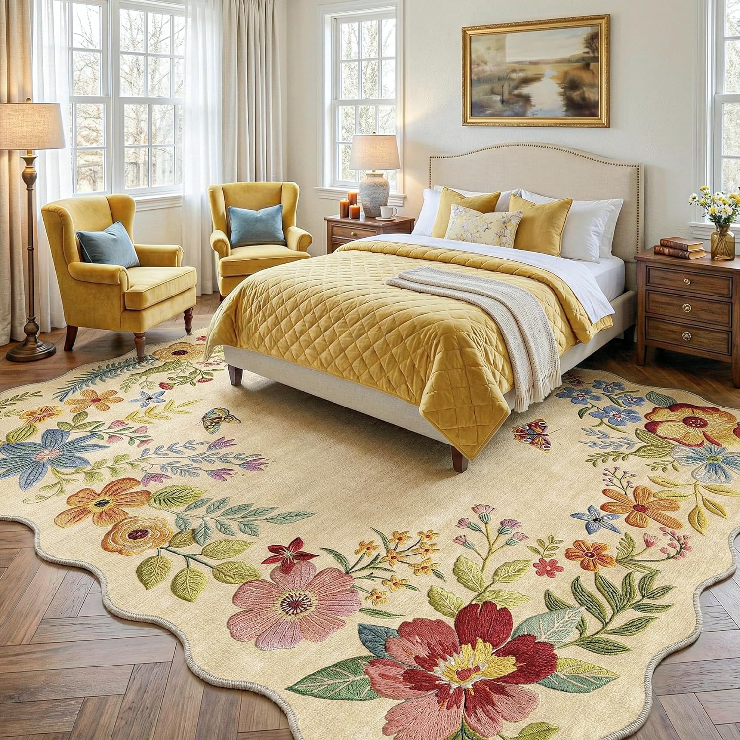 FMFUNCTEX 8x10 Floral Washable Area Rug Beige Neutral Vintage Flower Botanical Cottage Boho Cream Scalloped Soft Non Slip Low Pile Large Indoor Thin Carpet for Living Room Bedroom Dining Room Nursery thumbnail