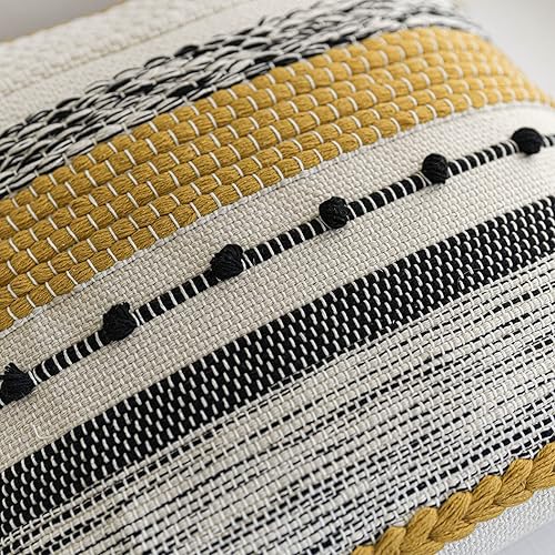 Miniatura 3 de Funda de almohada decorativa amarilla mostaza de 20 x 20 pulgadas, cuadrada, estilo bohemio, con borlas, cojín rural para sofá, dormitorio, sala de