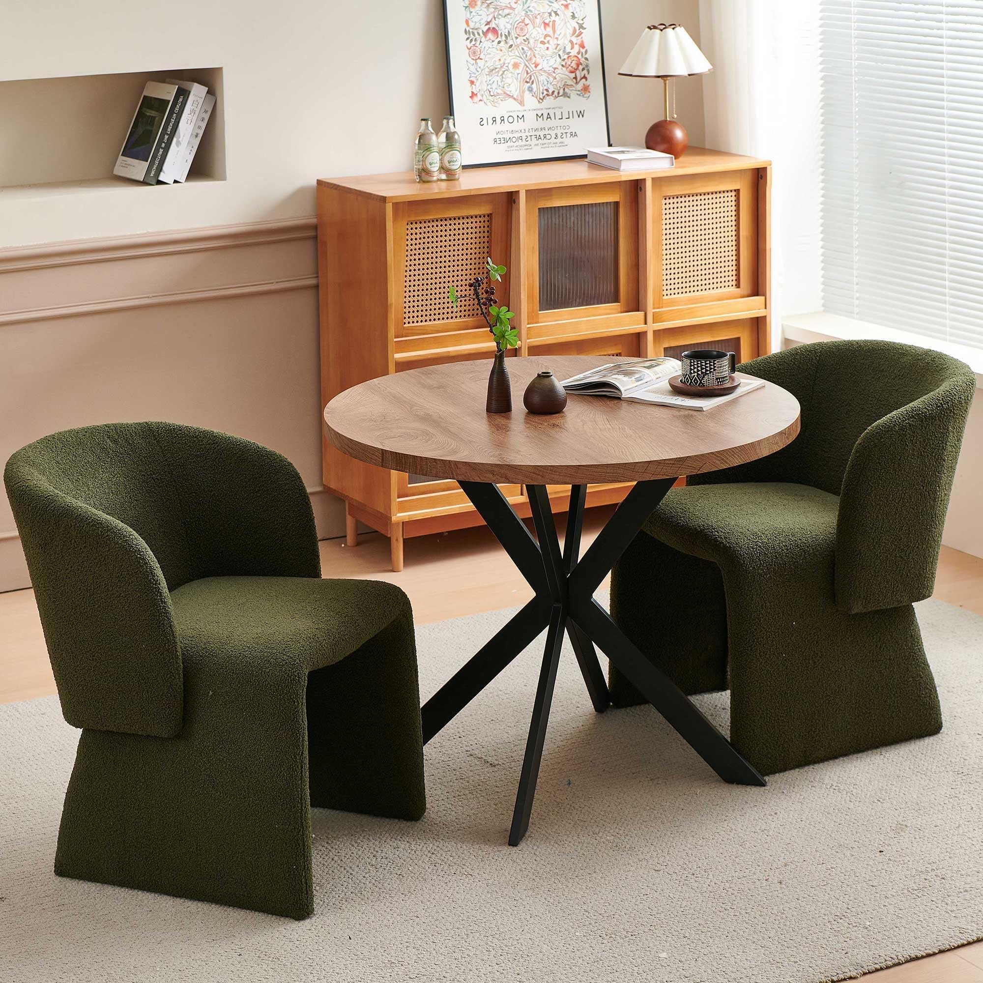 - 3-Piece Dining Set for 2, 37" Small Round Table and 2 Chairs, Modern Space-Saving Dinette Set for Dining Room Kitchen Apartment (Brown Woodgrain+Cute Barrel Green)