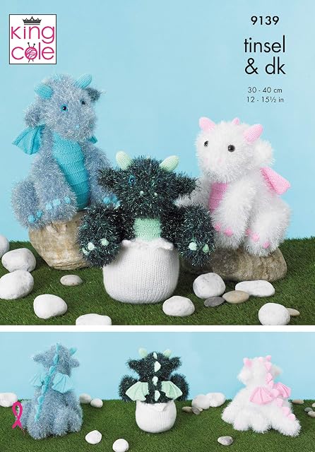 King Cole 9139 Knitting Pattern Toy Baby Dragons in Tinsel Chunky and Big Value Baby DK