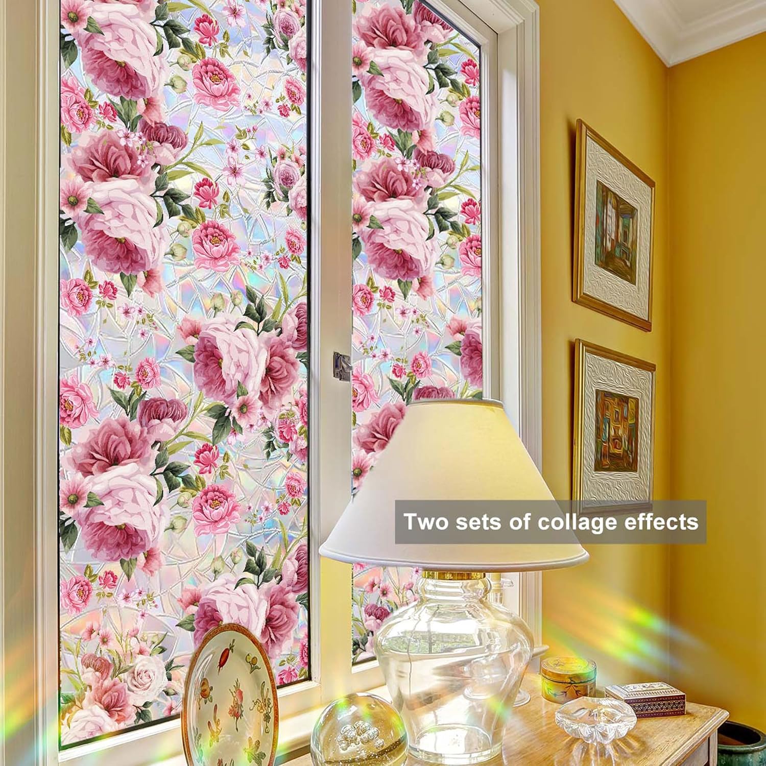 Home Floral Window Privacy Film, 3D Stained Glass Window Clings Decorative, Static Cling Double-Sided Removable Flower Window Stickers for Bathroom Home Office, 17.7'' x 39.4'' (Pink)