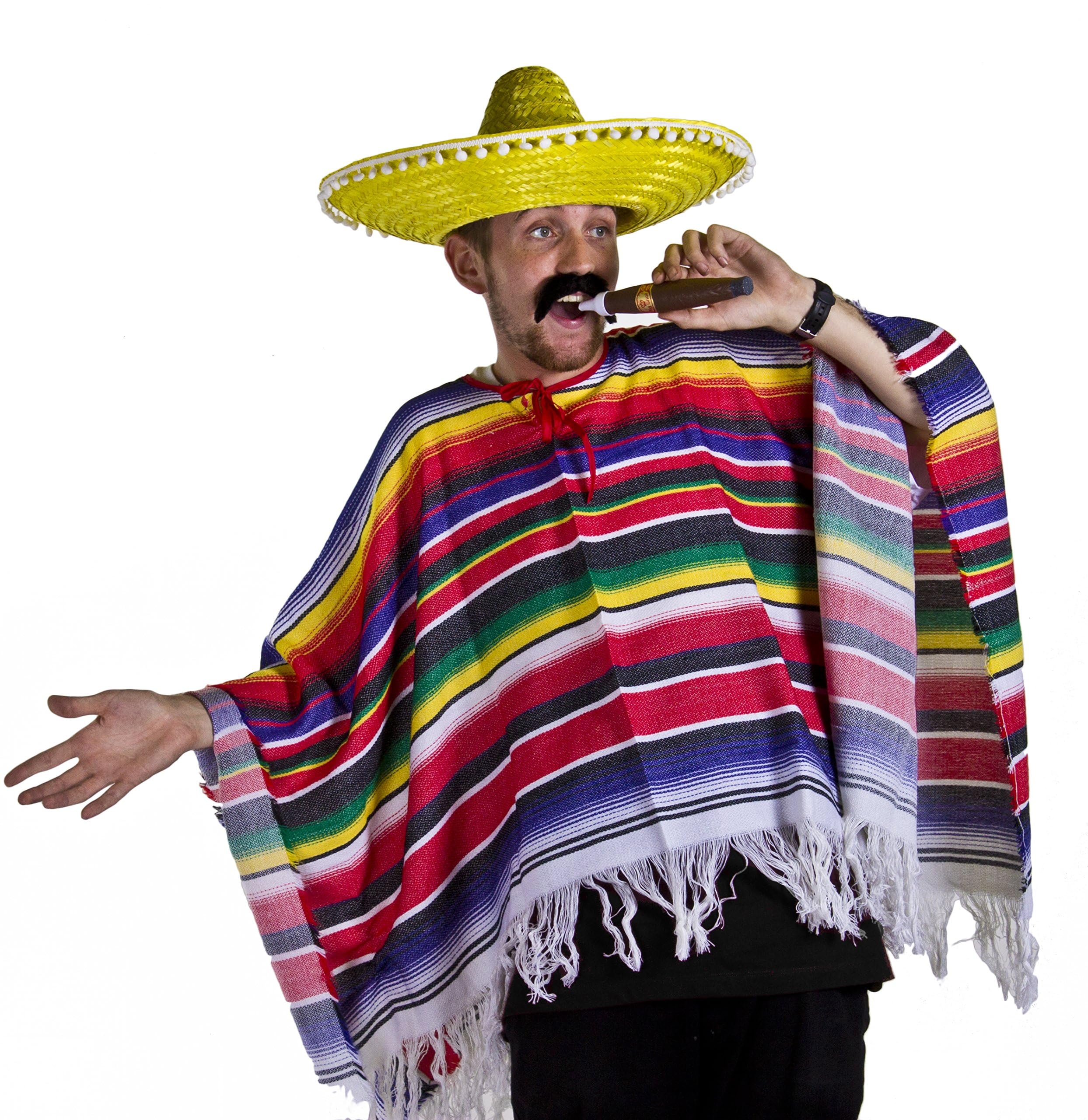 Adults Mexican Costume - Multicoloured Poncho, Yellow Sombrero, Black Stick-On Moustache - Mens Womens Mexico Cinco de Mayo Mariachi Bandit Fancy Dress Costume โ image 1