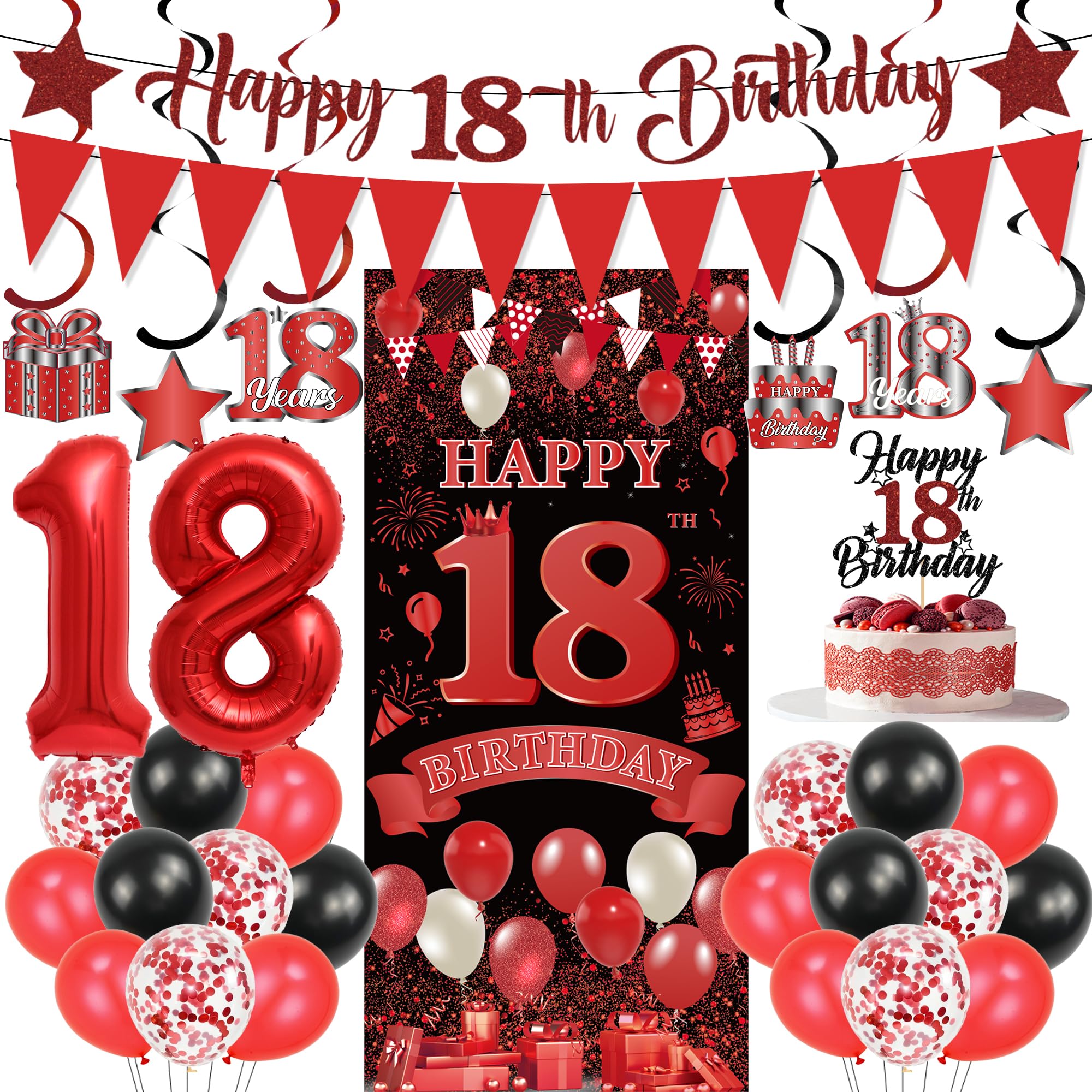 18th Birthday Decorations Girl Banner - 31 Pcs Black Red 18th Banner Set