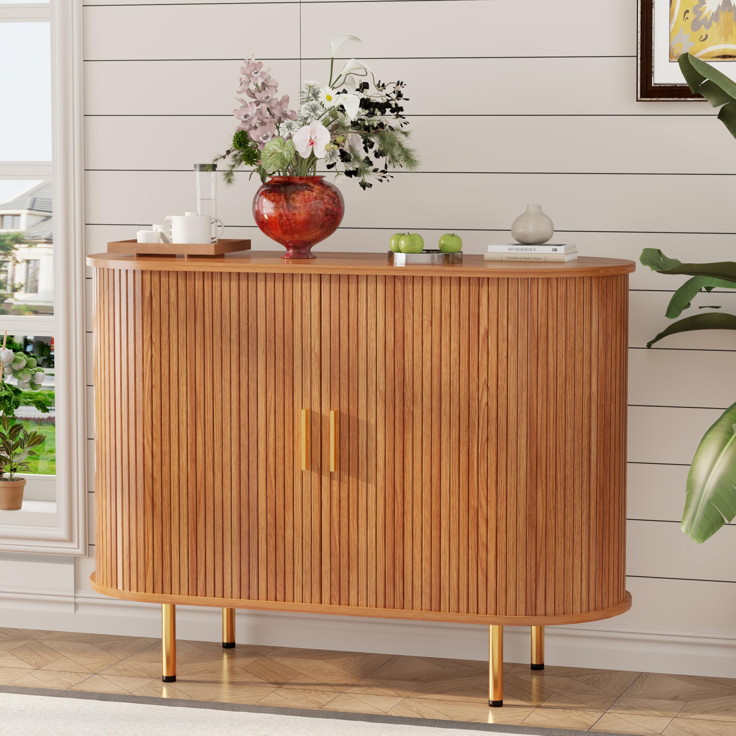 DHH Sideboard Buffet Cabinet with Storage,Mid Century Modern Fluted Accent Coffee Bar Console Table,Tambour Sliding Doors&amp; Adjustable Shelf for Kitchen, Living Room, Entryway (Yellow walnut40 Inch)