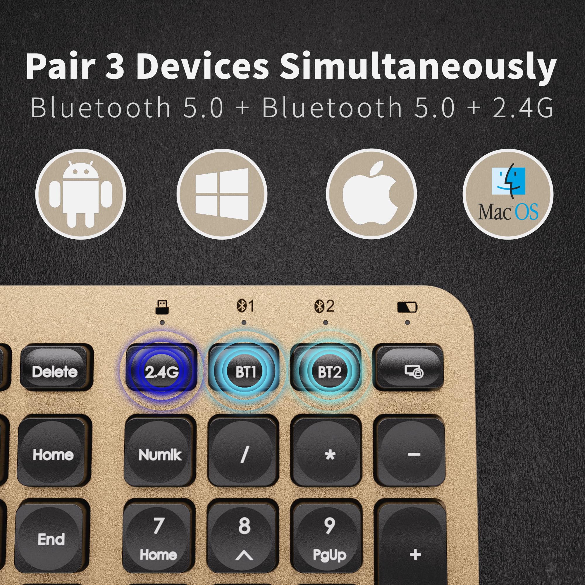 Bluetooth Wireless Keyboard, 2.4GHz Silent Keyboard, Plug and Play USB Receiver, Compatible with Windows/iPad/iPad Air/iPad Pro and Other Bluetooth Enabled Devices (Gold)