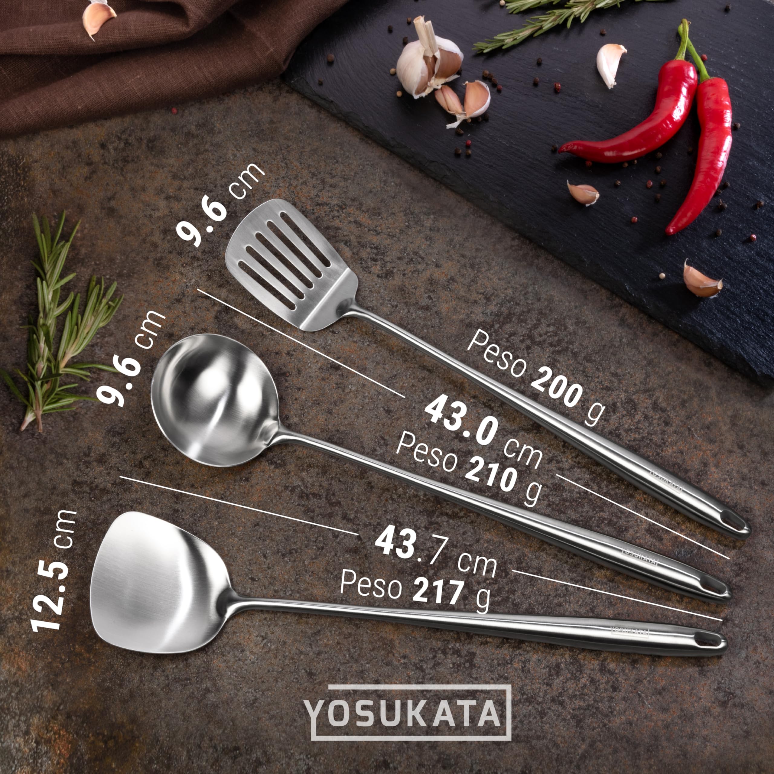 OSUKATA Espátula y Cucharón y Espátula de Cocina Ranurada para Wok 43 cm - Juego de Utensilios de Acero Inoxidable 304 - Cuchara Ranurada - Cucharón Sopa - Pala Cocina - Accesorios de Wok