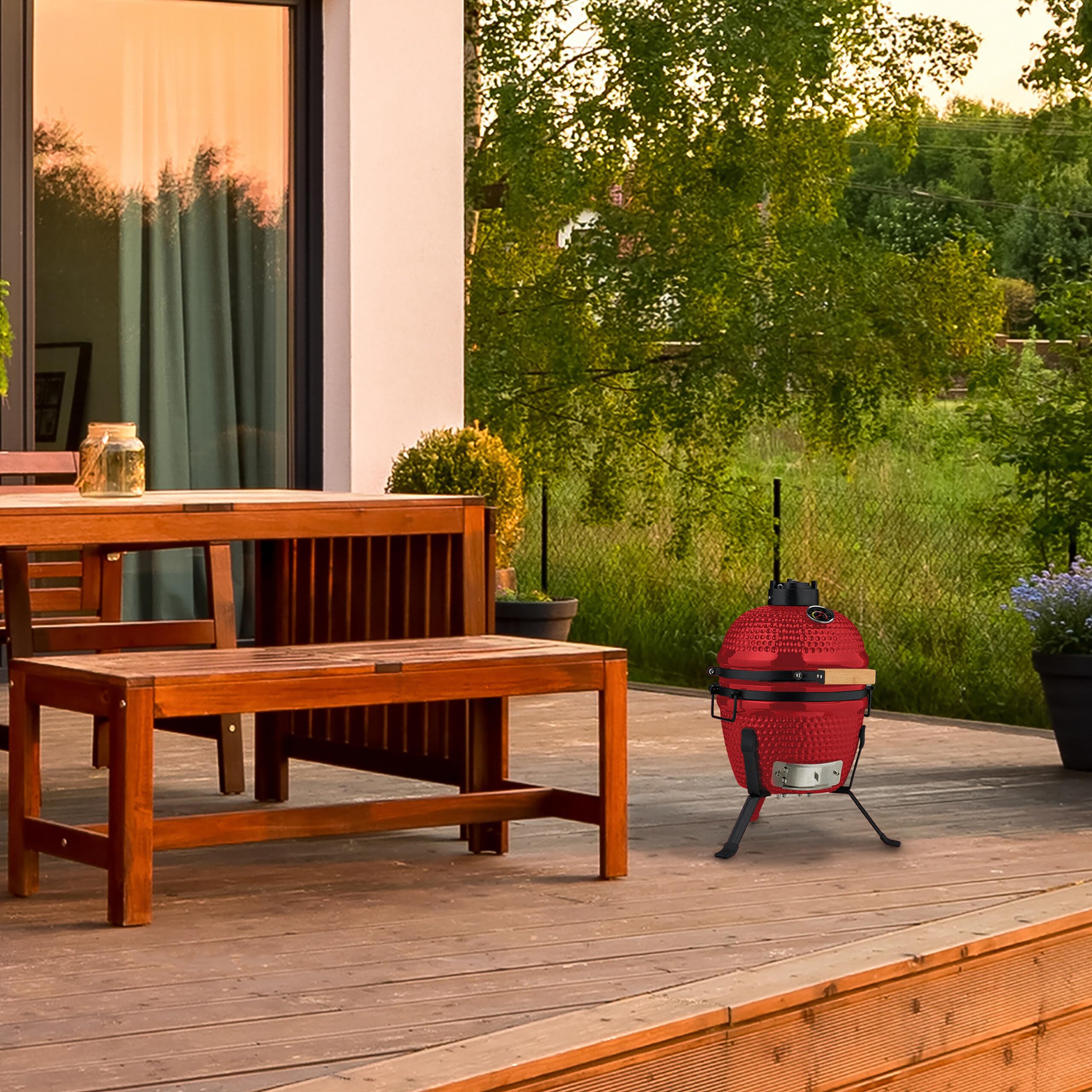 Relaxdays Kamado Grill, Ø 26 cm, japoński grill ceramiczny z termometrem 450°C, grill, wędzarnia, pokrywa, czerwony