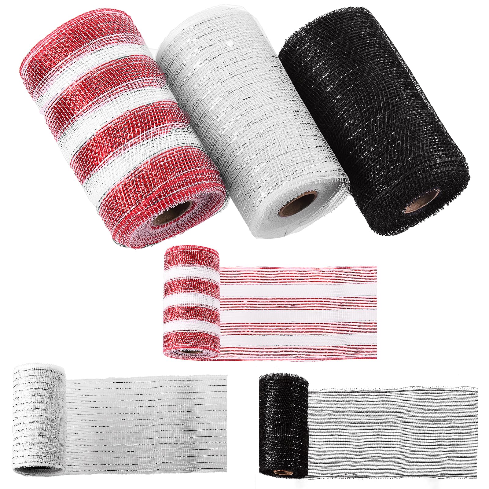 Swpeet 3 Rolls 6 Inches Mesh Ribbon Kit, Glitter Tulle Fabric Spool Metallic Foil Mesh Ribbon for DIY Project Wreaths Party Decorations Wrapping Craft