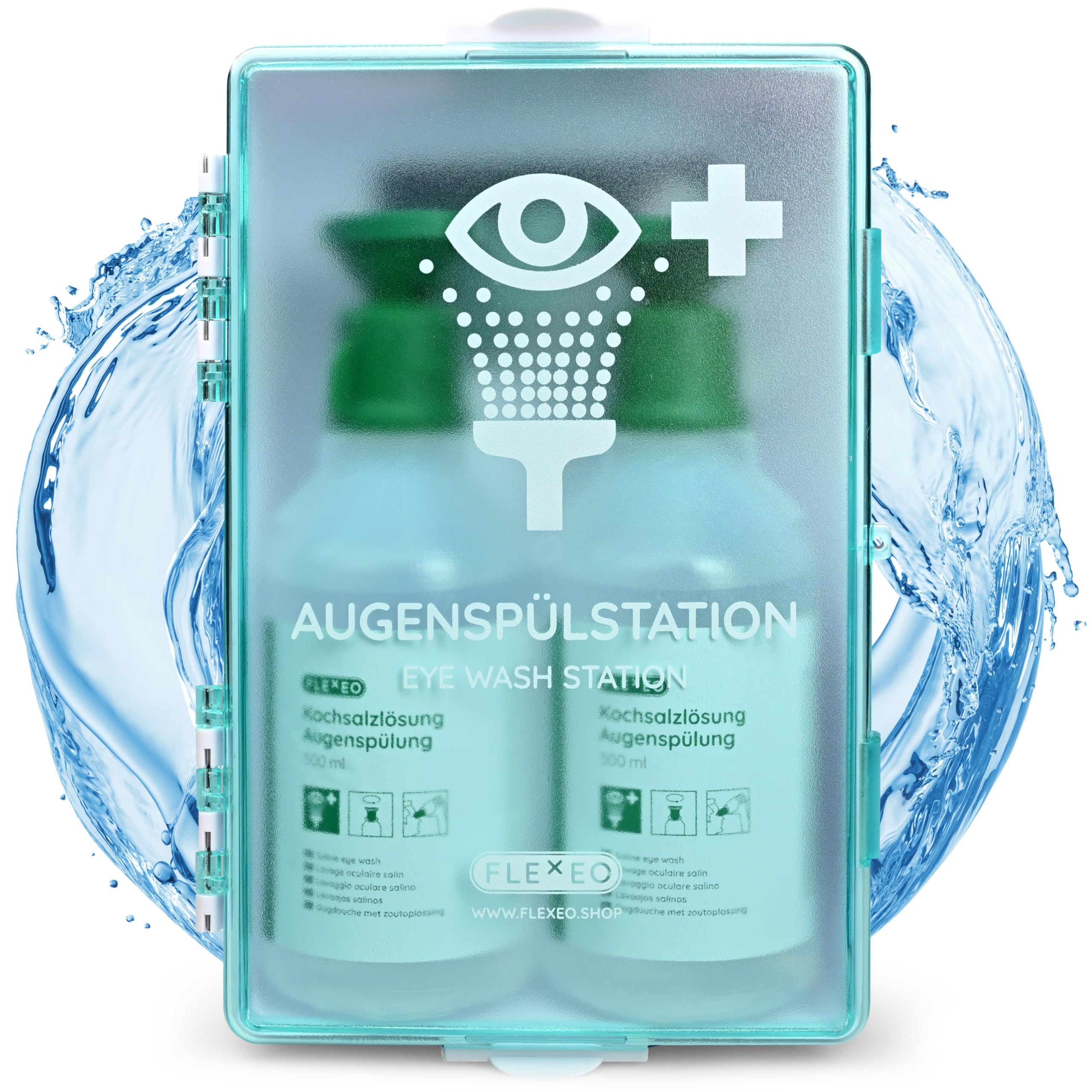 FLEXEO Stazione di lavaggio degli occhi 2 × 500 ml soluzione salina supporto parete Eyewash Station NaCl 0,9%