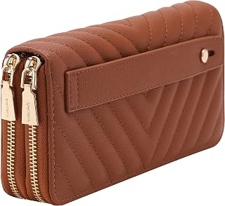 B BRENTANO Vegan Leather Double Zipper Pocket Wallet with Grip Hand Strap (Chevron Embroidered Brown)