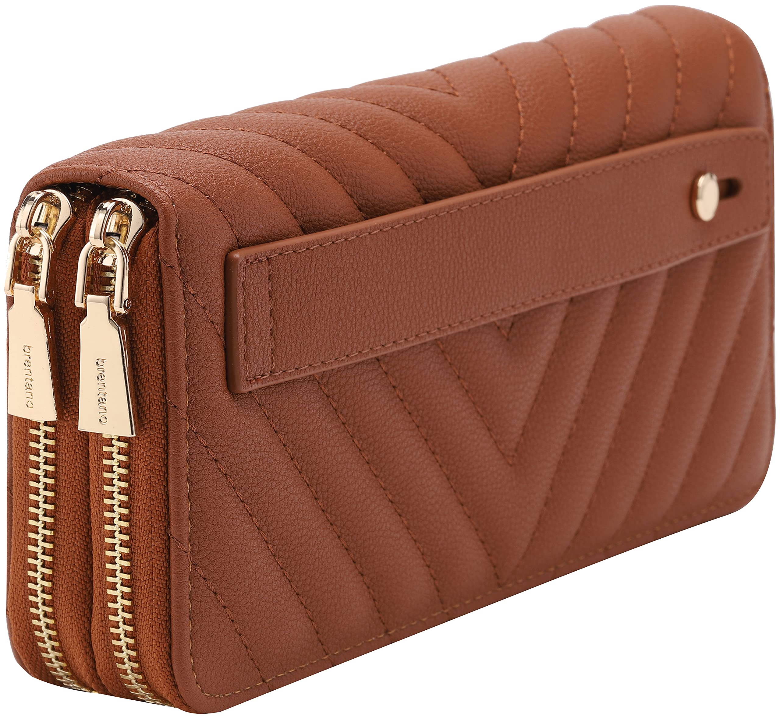 B BRENTANO Vegan Leather Double Zipper Pocket Wallet with Grip Hand Strap (Chevron Embroidered Brown)