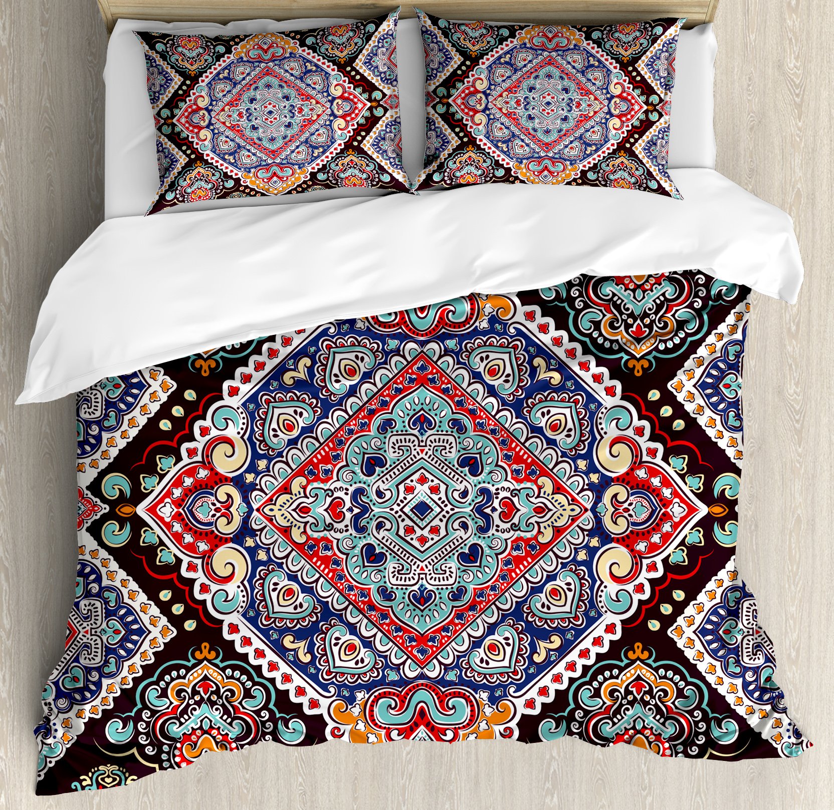 Ambesonne Ethnic Duvet Cover Set, Vibrant Vintage Framework Bohemian Curvy Ornate Borders Symmetric Cultural Colorful, Decorative 3 Piece Bedding Set with 2 Pillow Shams, King Size, Blue Black