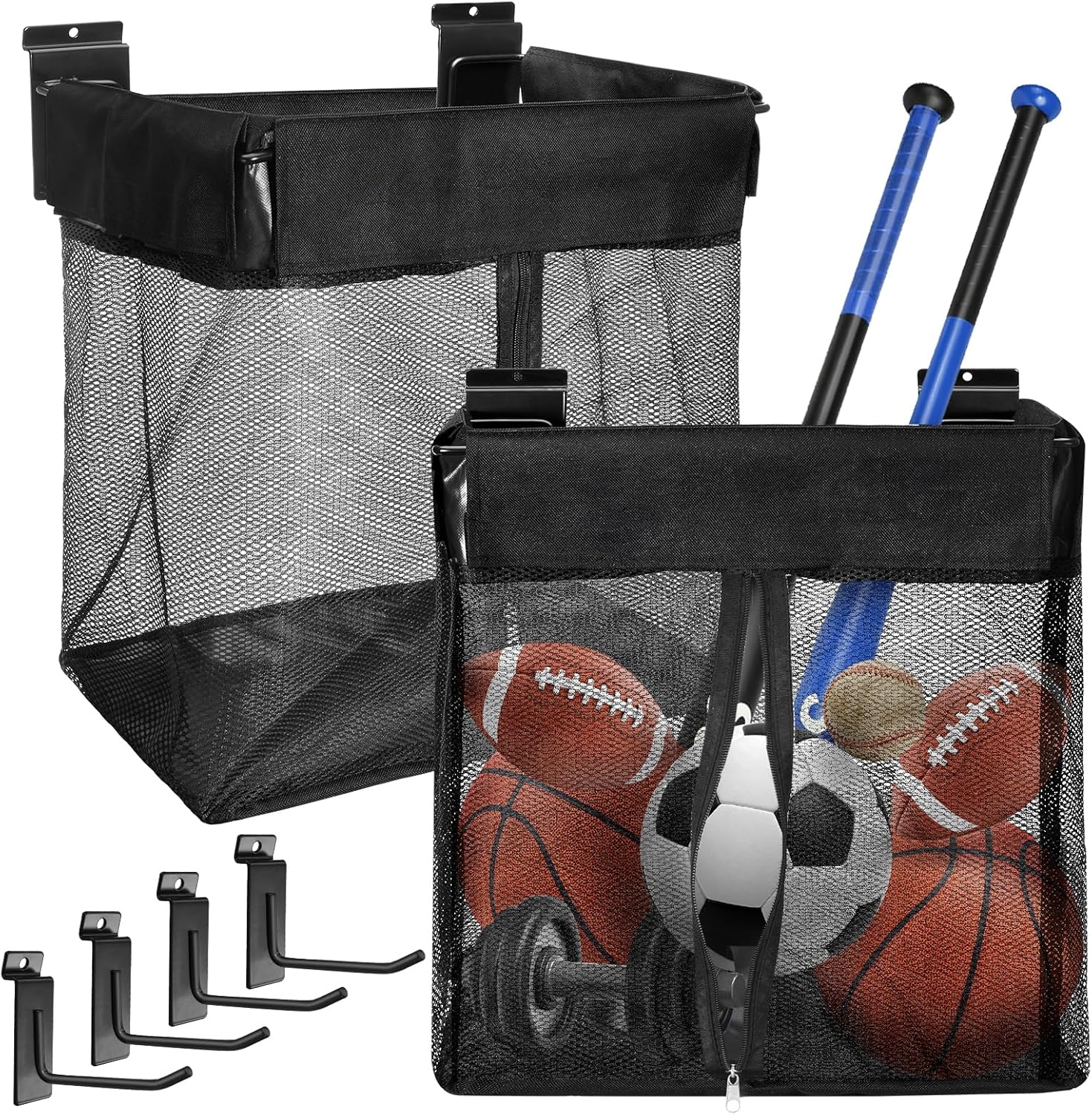 Large Mesh Slatwall Baskets 2 Sets, 16x16x12 Inch Slat Wall Mesh Baskets with 4 Hooks, 48L Mounted Hanging Slatwall Basket for Shop Garage Gym Toy Display Storage Panel Accessories