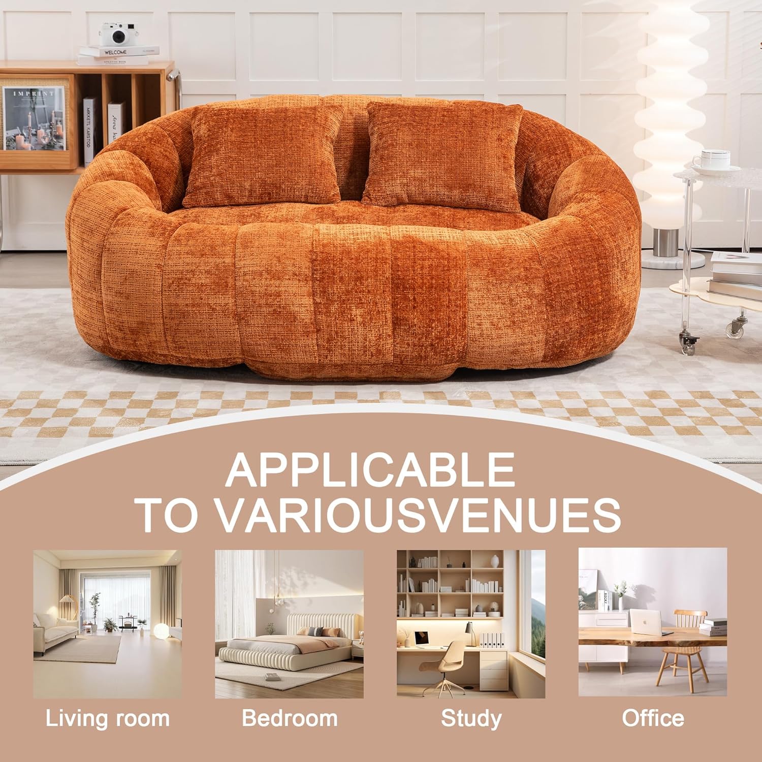 QQU Giant Bean Bag Chairs for Adult and Kids with 2 Pillows, 2-Seat Bean Bag Sofa with Armrest and Back, Chenille Loveseat Filling high -Density Foam, Large Lazy Sofa for Living Room, Bedroom,Orange