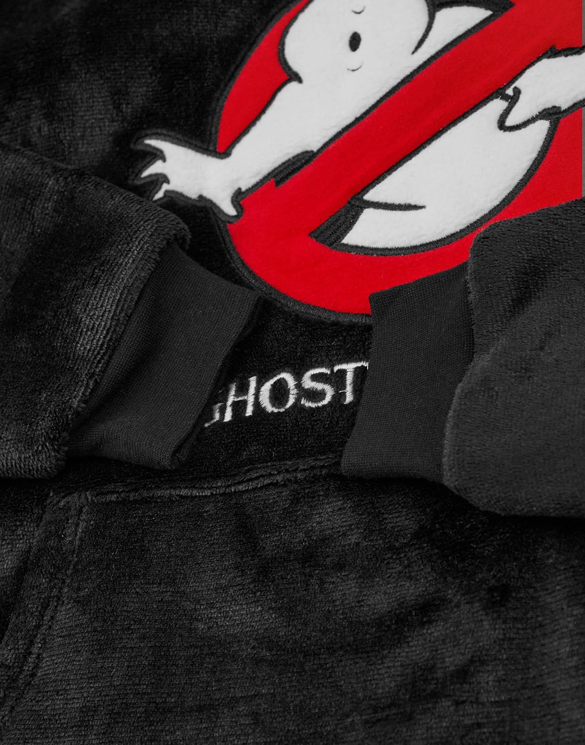 Ghost Busters Kids Wearable Blanket Hoodie | Childrens Hooded Sherpa Fleece Pullover in Black with Ghost Busters Logo