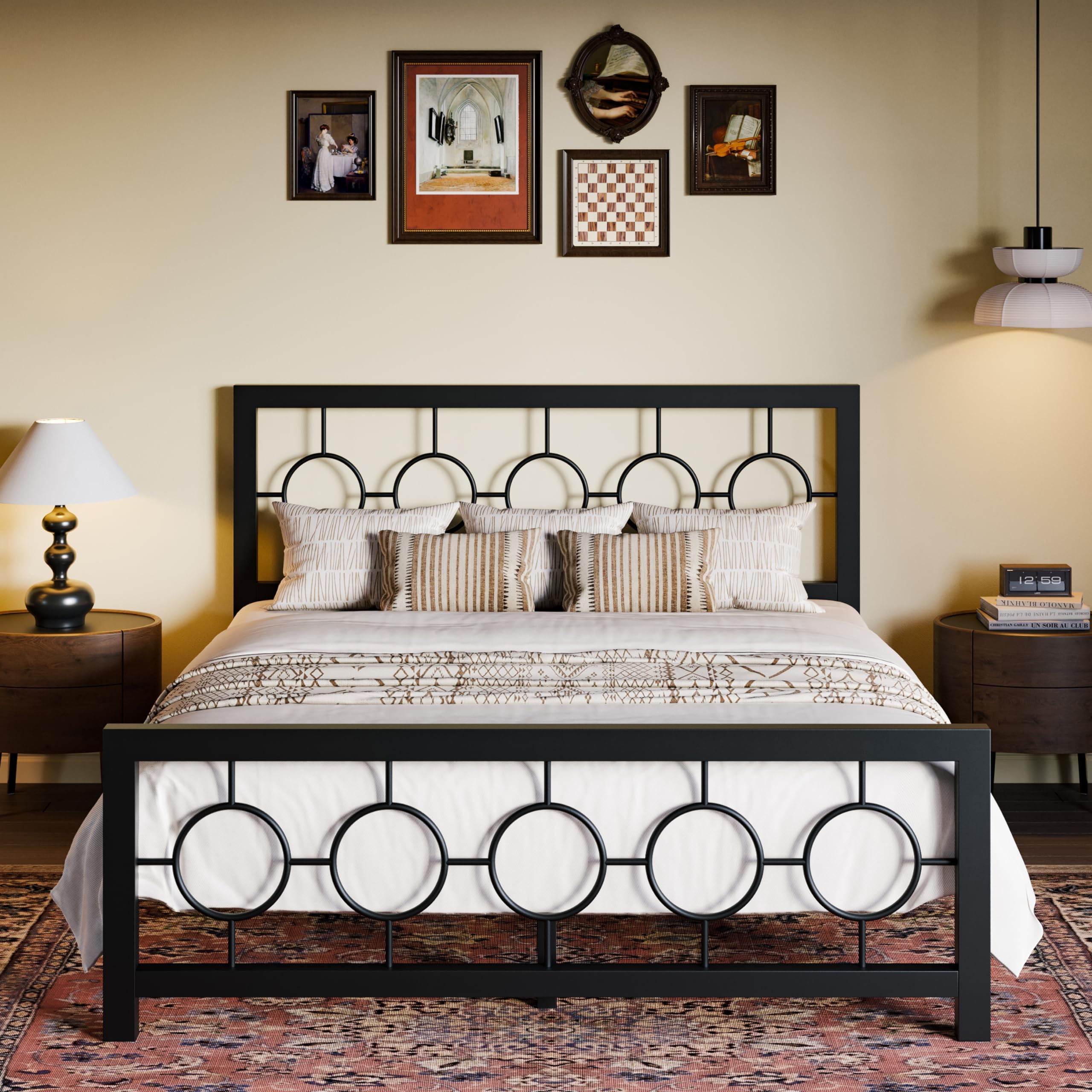 SHA CERLIN Queen Size Metal Bed Frame with Vintage Circular Design Headboard and Footboard,No Box Spring Required,Easy Assembly,Noise-Free,Black