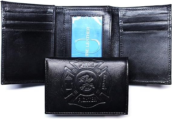 Fire Fighter Embossed Leather Trifold Wallet - Black